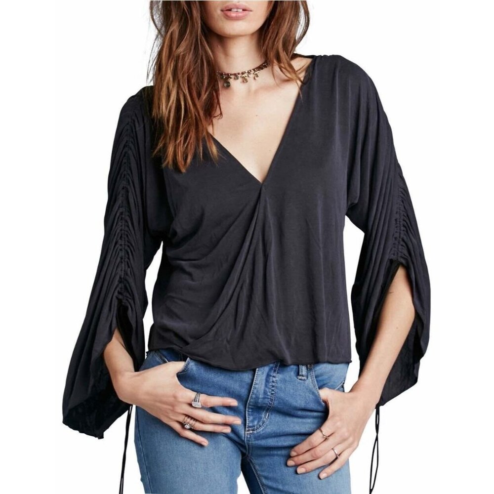 Free People Shirt Women’s large L black v-neck ruched sleeve festival party